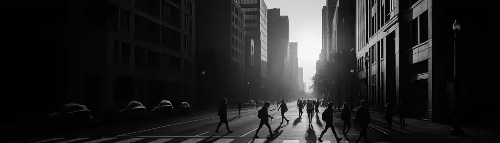 Städtische Straßenszene bei Gegenlicht in Schwarz-Weiß