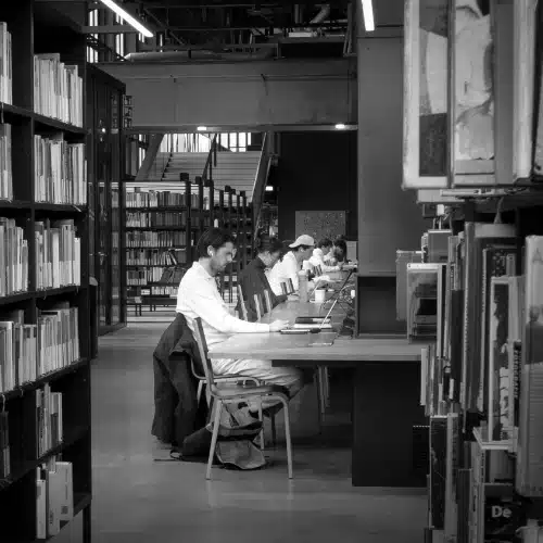 Studierende recherchieren und schreiben wissenschaftliche Arbeiten in einer Universitätsbibliothek