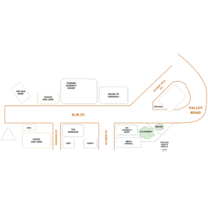 Schematischer Stadtplan der fiktiven Kleinstadt Dogville mit den markierten Häusern und Straßen als ikonisches Symbol des Films Dogville.