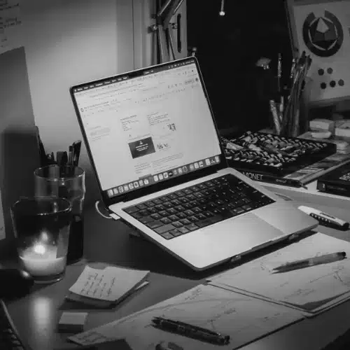 Laptop, Notizbuch und wissenschaftliche Literatur als Symbol für digitales Wissensmanagement im Studium
