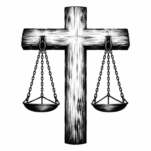 Holzkreuz mit zwei an Ketten hängenden Waagschalen als stilisiertes Symbol für Gerechtigkeit