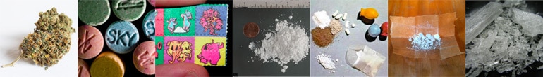 Verschiedene illegale Drogen: Cannabis, LSD, Kokain, Heroin und Amphetamin