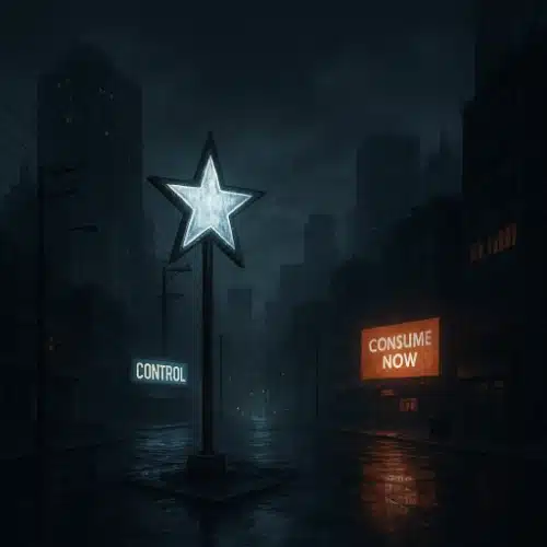 Titelbild zur dystopischen Weihnachtsgeschichte. Ein heller LED-Stern erleuchtet einen dunklen Straßenzug