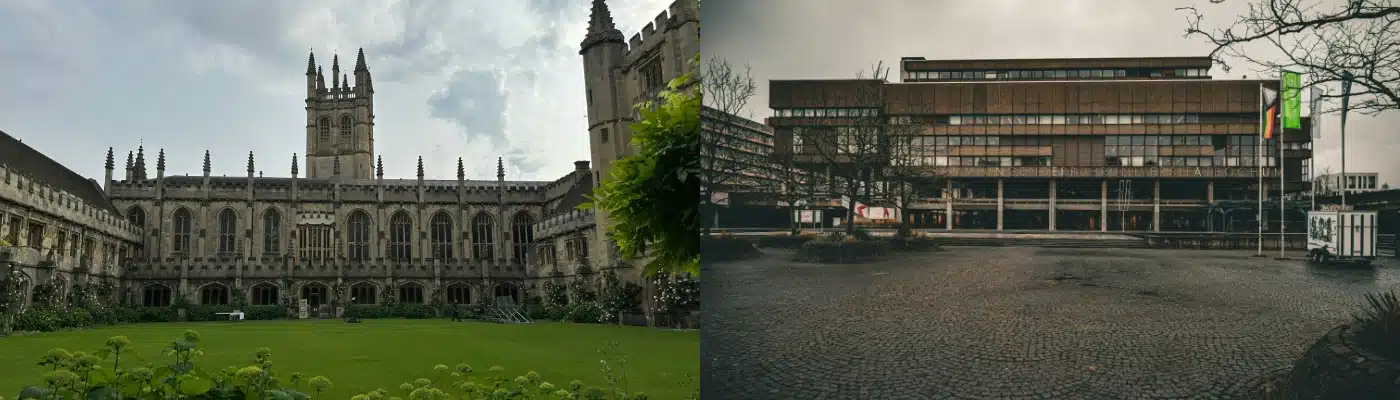Gebäude an der Universität Oxford (links) vs. Gebäude an der Universität Bochum (rechts)